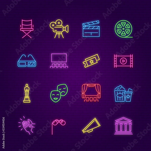 Cinema icons. Neon entertaiment colorful symbols. Led outdoor signs or web design led light elements. Movie and theater vector set. Cinema and film, camera entertainment, screen hollywood illustration