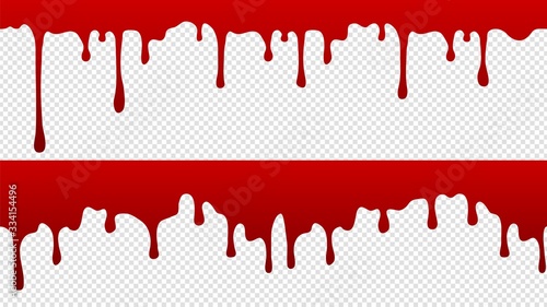 Dripping blood pattern. Isolated flowing red paint with drops borders. Medicine, science vector seamless element. Blood splatter, sweet blob liquid illustration