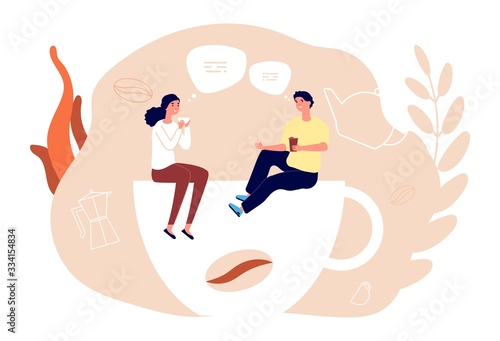 Office break. Managers lunch, woman man drinking tea and coffee. Dating in cafe, couple conversation with drinks vector illustration. Office coffee break, breakfast lunch with cup drink