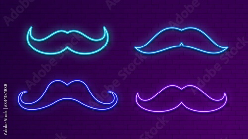 Neon bright signboards. Blue light mustache. Glow male symbol for bar, dance club, shop. Electric outside banner vector set. Illustration mustache neon, hipster moustache, gentleman contour element