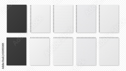 Realistic notepads. Blank sheets, open planners. Notebooks with lines and empty paper. Isolated black book cover with chrome spirals vector set. Planner realistic sheet, cover notepad illustration