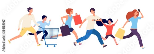 Shopping people. Man woman kids run to store. Sale time, black friday or discount season. Customers with bags and market basket vector illustration. Shopper customer run to mall to buying