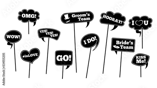 Wedding props. Isolated photo booth decoration. Bride groom black speech bubbles, love party elements. Romance clouds with text vector set. Photo props, wedding booth scrapbook cartoon illustration