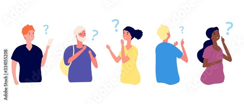 Thoughtful people. Curious girls, young thinking characters. Man has question, contemplative or pensive person. Problem solution vector illustration. Thinking human, adult think idea and question