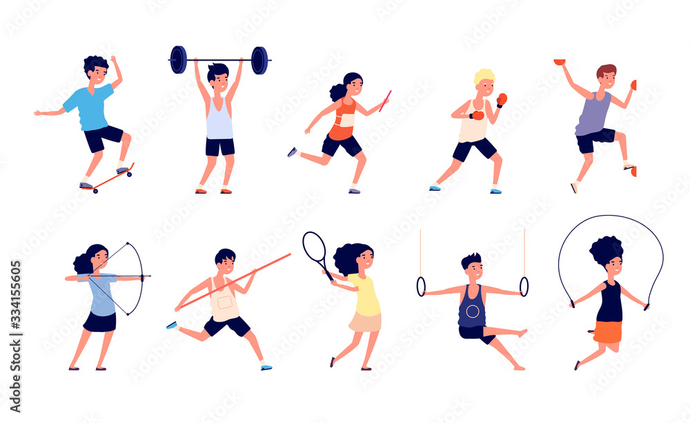 Kids activities. Athletics children, active boy girl characters. Kid sport, play and exercise. Summer games for street or park vector set. Sport boy and girl, collection athlete player illustration
