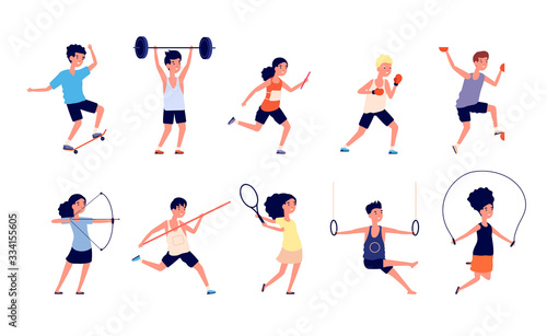 Kids activities. Athletics children  active boy girl characters. Kid sport  play and exercise. Summer games for street or park vector set. Sport boy and girl  collection athlete player illustration