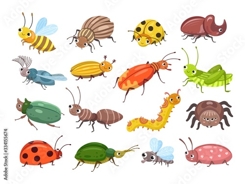 Cartoon beetle. Funny smiling bugs, children beetles. Happy insects, ladybug and caterpillar, larva. Wild forest world vector illustration. Beetle and ladybug, smile insect and bug © MicroOne