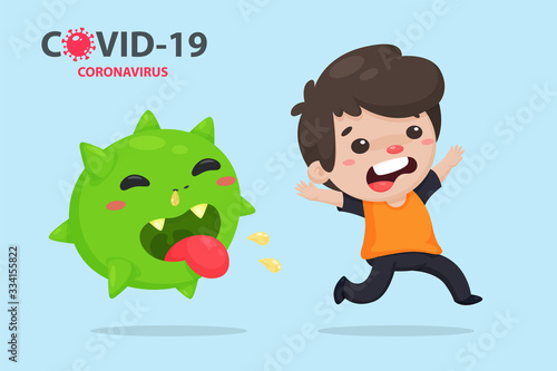 A cartoon man running away from a corona virus that is full of mucus and saliva makes people sick