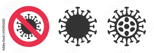 2019-nCoV symbol set. Stop coronavirus Stay home sign. Pandemic medical caution. Dangerous cell in red circle, black simple bacteria isolated on white. China Wuhan corona virus vector illustration
