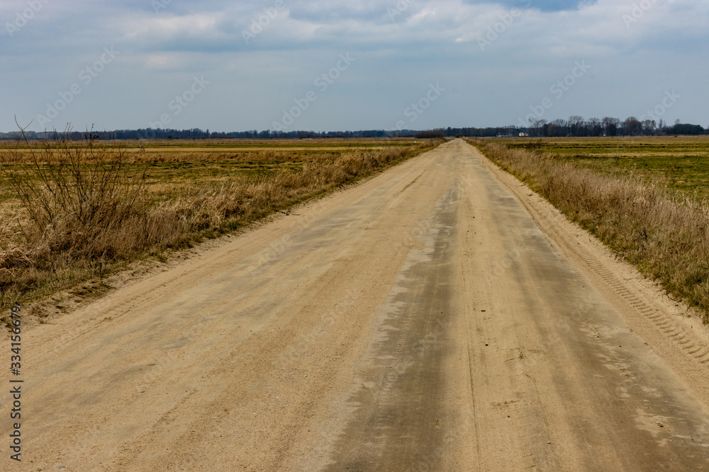 Wide dirt road going through drained wetland Pulwy. Rural landscape near Grady Polewne village, Poland. Empty road in nature environment.