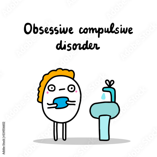 Obsessive compulsive disorder hand drawn vector illustration in cartoon comic style man washing arms fingers too much