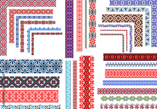 Set of editable traditional seamless ethnic patterns for embroidery stitch. Vintage floral and geometric ornaments. 