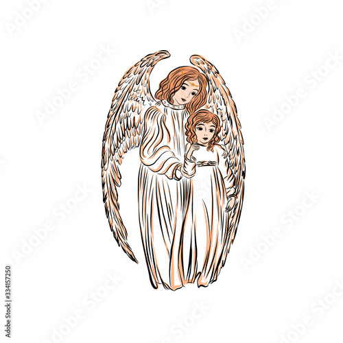 Guardian angel protects the child. Graphic vintage linear drawing. Concept for religious holidays - Easter, Christmas. Biblical heavenly symbol of man with wings. 