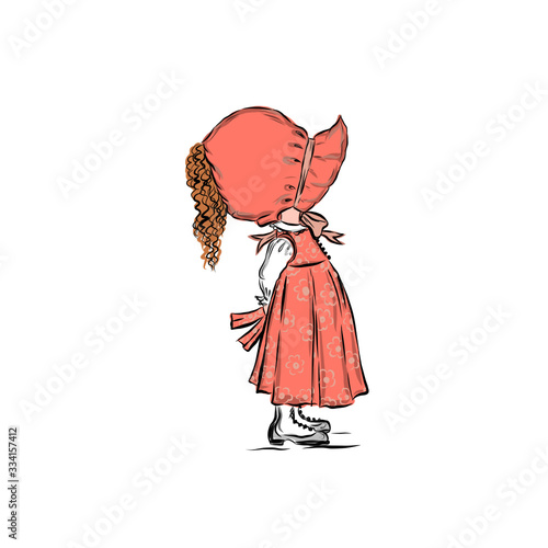Little girl in pink bonnet and dress. Beautiful kid. Cartoon illustration.