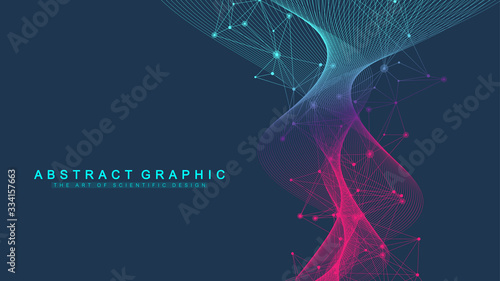Big Genomic Data Visualization. DNA helix, DNA strand, DNA Test. CRISPR CAS9 - Genetic engineering. Molecule or atom, neurons. Abstract structure for Science or medical background, banner. Wave flow.