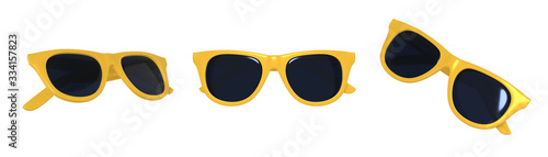 3D rendering set of yellow sunglasses minimalism in a cartoon style. Template for design isolated on a white background.