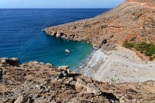 Top view of Llingas beach in Hora Sfakion, island of Crete, Greece.