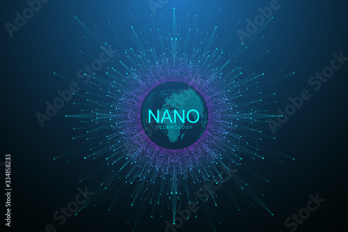 Nanotechnology abstract background. Cyber technology concept. Artificial Intelligence, virtual reality, bionics, robotics, global network, microprocessor, nano robots. Vector illustration, banner.