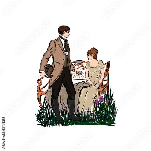 Date man and woman. Gentleman brought his lover a love letter. Couple of people from different era. Woman sitting on bench in summer park. 