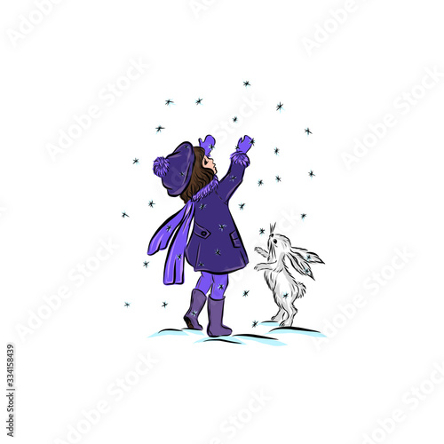 Girl with hare catch snowflakes. 