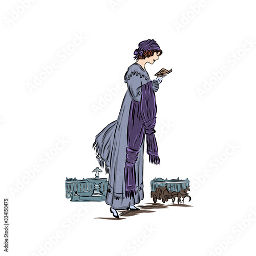 Woman reading a book walking around the city. Lady in vintage style dressed in long dress and holds scarf.