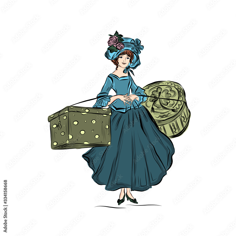 Woman carries gift boxes. Lady dressed in nineteenth century vintage style clothes. Drawing for greeting card on birthday, women's day, mother's day.
