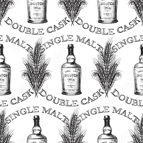 Whiskey making process from grain to bottle. Scotch whiskey bottle with some barley ears and grains. Seamless pattern. Sketch style drawing isolated on white background. EPS10 vector illustration