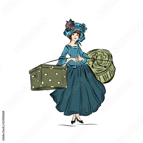 Woman carries gift boxes. Lady dressed in nineteenth century vintage style clothes. Drawing for greeting card on birthday, women's day, mother's day.