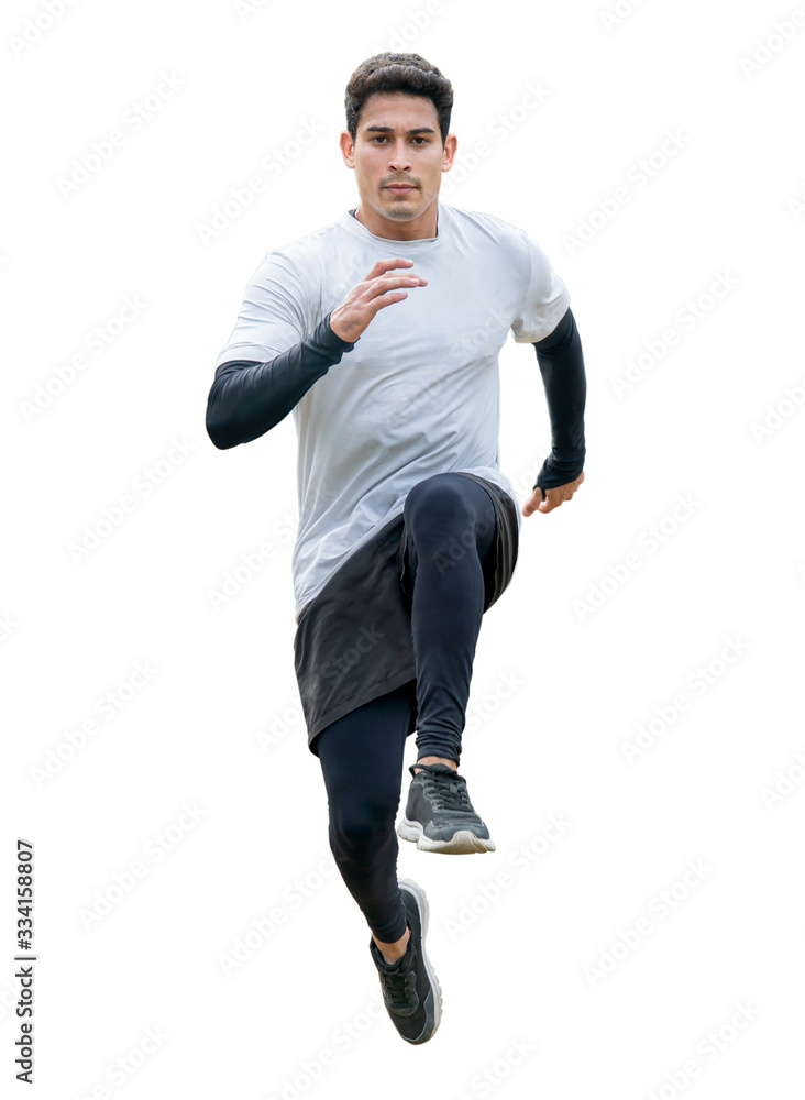 young fitness man in sportwear running isolated on white background with clipping path. exercise runner , jumping guy , workout ,sport ,training. front view