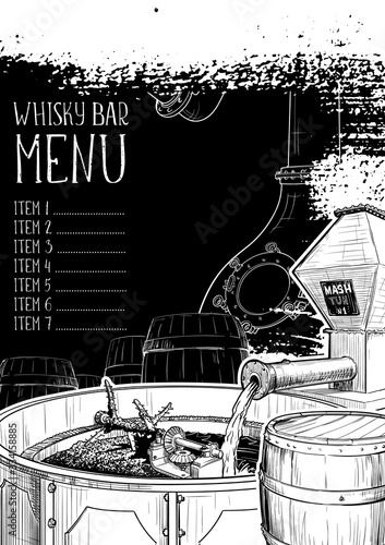 Menu templated for the whisky related businesses. Black and white sketch imitating chalk drawing on a blackboard. Sketch style drawing isolated on white background. EPS10 vector illustration.