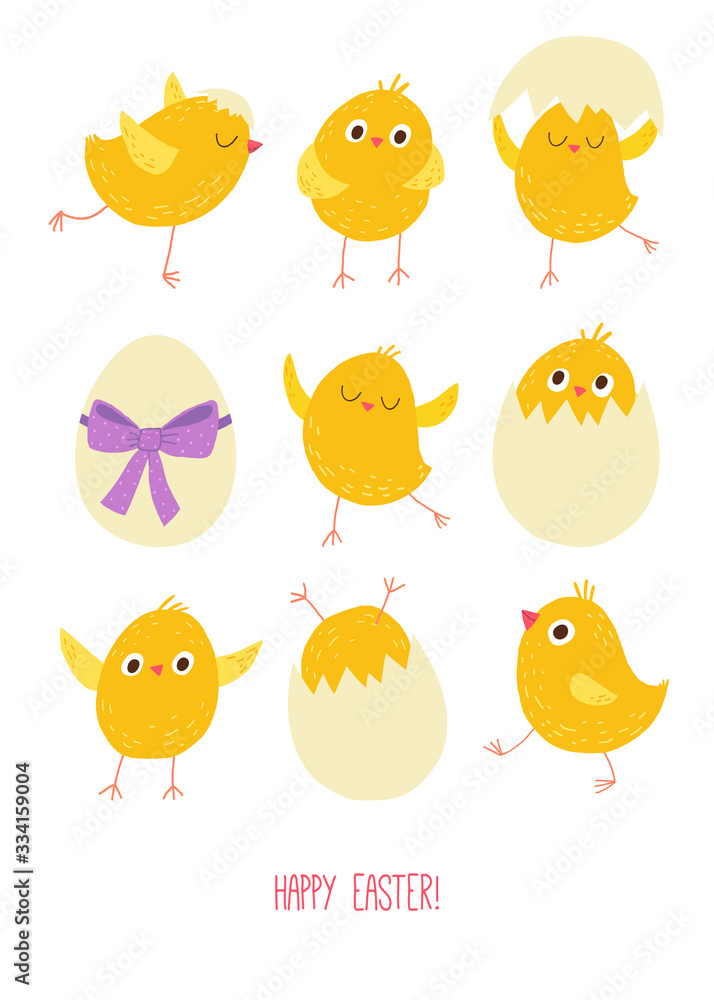 Funny Easter cards set. Cute chicks and eggs. Cartoon hand drawn10 illustration isolated on dark background in a flat style. Funny Easter cards set. Cute chicks and eggs. Cartoon hand drawn10 illustration isolated on dark background in a flat style.