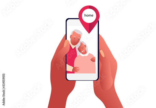 2019-ncov quarantine. Senior couple on phone screen. Family apart. Stay at home. Coronavirus panic. Isolated old people vector illustration.
