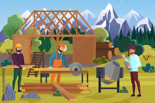 Building wooden house on mountains background cartoon flat vector illustration. Two workers near building cut plank with woodworking circular saw near future building carcass, engineer does notes