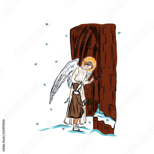 Guardian angel escorts girl home. Biblical heavenly symbol of man with wings. Decor for greeting retro cards for Christmas, Easter and other religious holidays. 