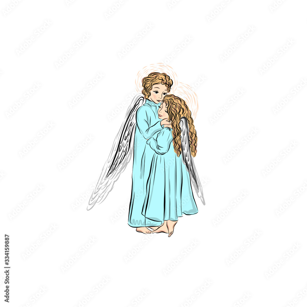 Boy and girl with wings are hugging, children angels. Decor for Christmas, Easter and other religious holidays.