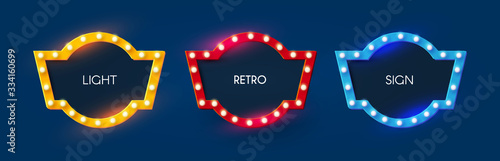 Shining retro light sing set. Vintage banner with light bulbs. Cinema, theatre, ad, show and casino design.