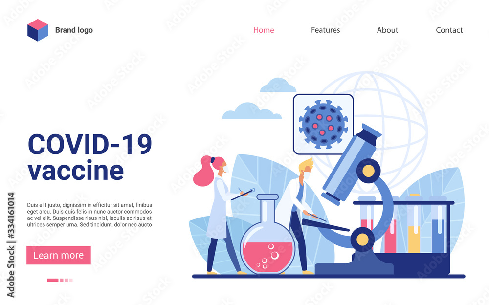 Scientists work in laboratory at covid 19 vaccine landing page flat vector illustration concept. Coronavirus antivirus medical research, doctors research new virus disease.
