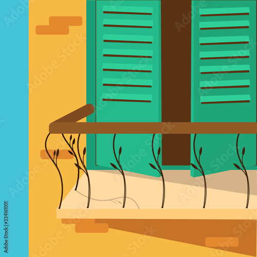 Balcony in old brick apartment or house. Handrail with forged railing. Outside view. Illustration in flat style.