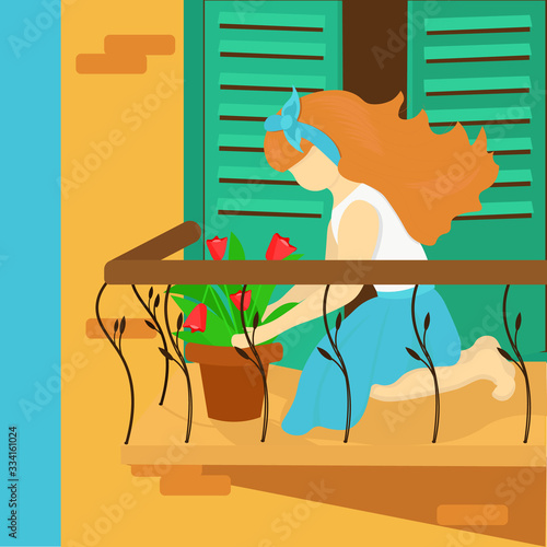 Young woman on balcon taking care of red tulips in flower pot. Female character enjoying her hobby. Concept spring gardening work in home during coronavirus quarantine. Illustration in flat style. 