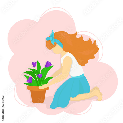Young woman taking care of red tulips in flower pot. Female character enjoying her hobby. Concept spring gardening work. Illustration in flat style. 