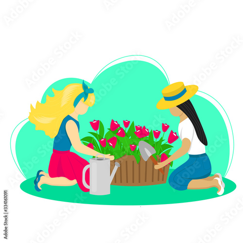 two girls together plants tulips in the flowerbed. Female character enjoying her hobby. Concept spring gardening work and international friendship. Illustration in flat style.
