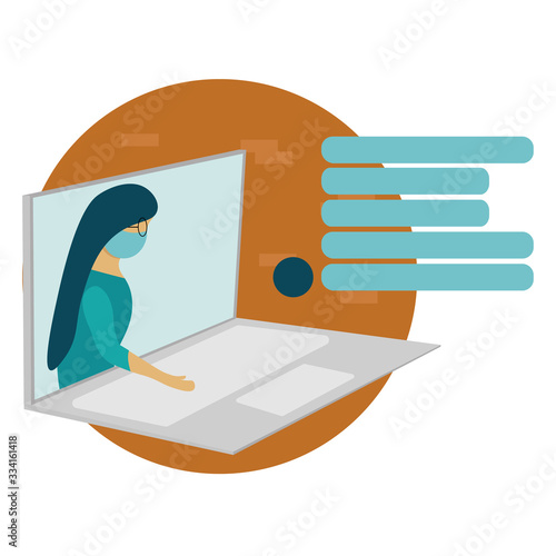 woman in medical face mask in laptop monitor gesticulating talk about coronavirus epidemic.  chat window with messages. Concept  webinar, blogging, pandemic education online. Illustartion flat style