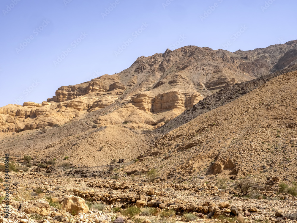 Rocks and valleys in a mountain landscape in northern Oman