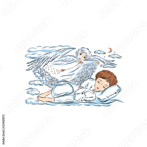 Flying guardian angel guards the boy's and cat's dream