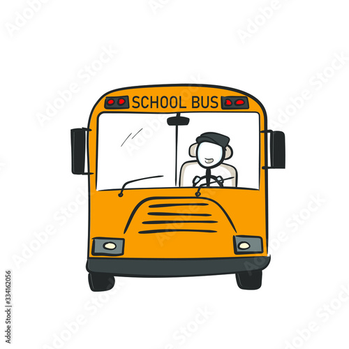 School bus. Yellow bus for kids. Children transportation. Hand drawn. Stickman cartoon. Doodle sketch, Vector graphic illustration