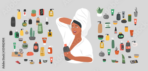 Cute girl with towel on head care for her skin after bathing, cleanses face and makeup. Natural organic cosmetics products in bottles. Skincare routine set. Cartoon vector