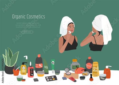 Cute girl front and back view, with towel on head, care for skin, cleanses face and makeup. Natural organic cosmetics products in bottles. Skincare routine set. Cartoon vector