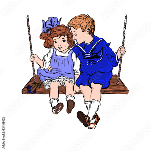 happy childhood, a boy and a girl are sitting on a wooden swing, games of preschool age, a company of a couple