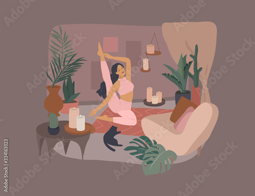 Cute girl doing yoga poses. Lifestyle by young woman in home interior with homeplants. Fashion illustration by femininity, beauty and mental health. Feminine cartoon