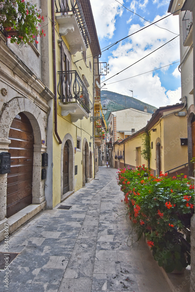 Pacentro, Italy. A narrow street between the old houses of a medieval village